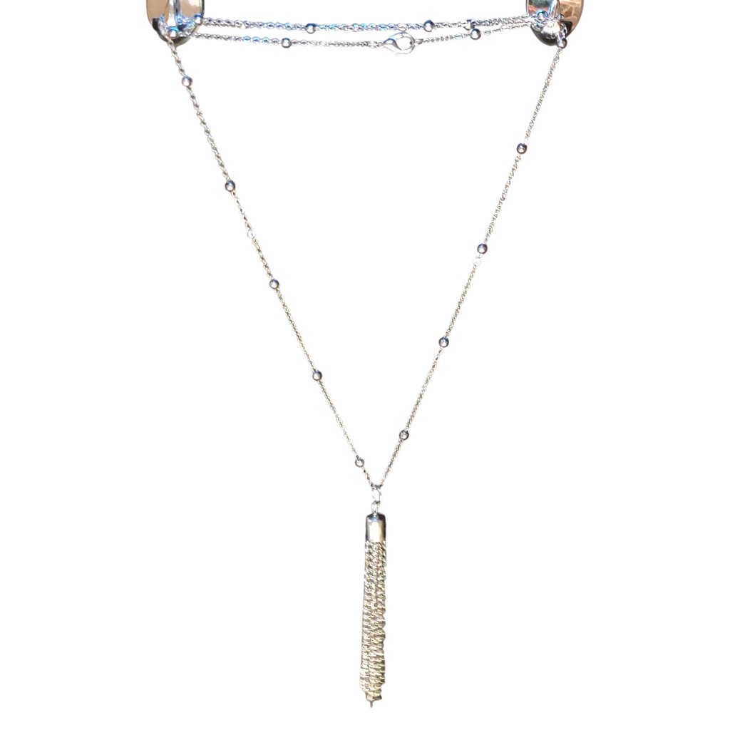 Silver Long Necklace Tassel Chain Pendant And Chain With Silver Beads 28 Inches